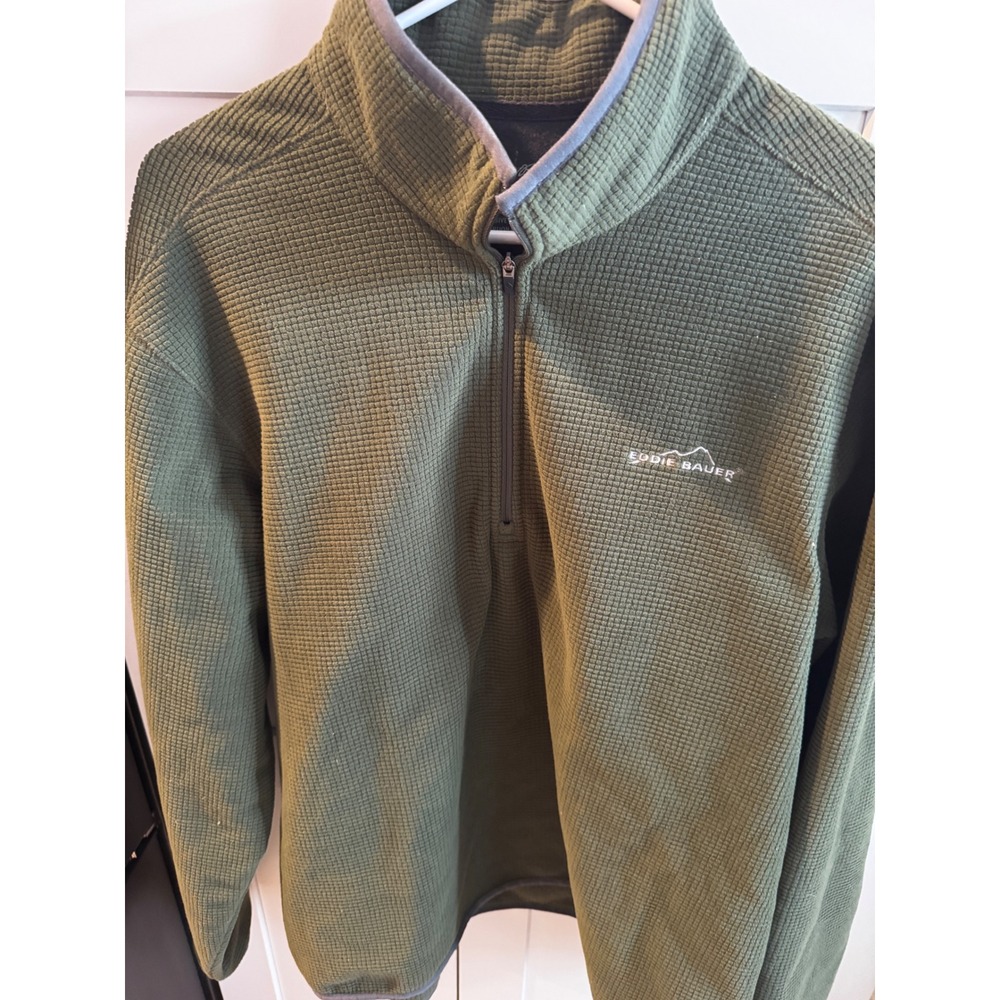 Eddie Bauer‎ Mens Green Waffle Knit Quarter Zip Pullover Fleece Jacket Size L